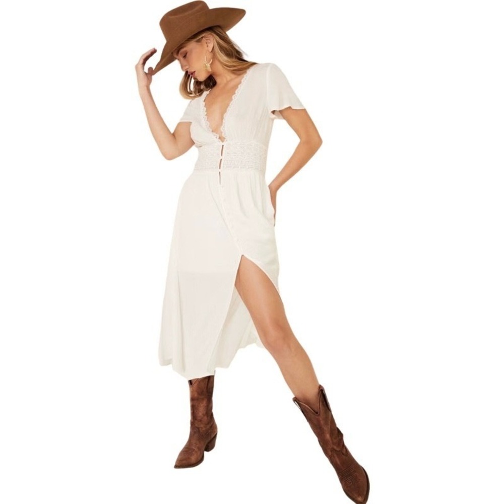 BEYOND THE RADAR Large Midi Dress White Lace Trim Button Front Boho Romantic
